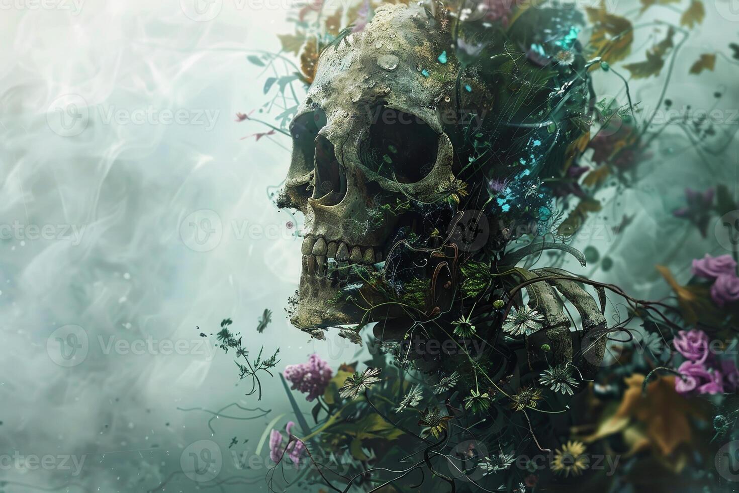A skull with flowers and leaves surrounding it photo