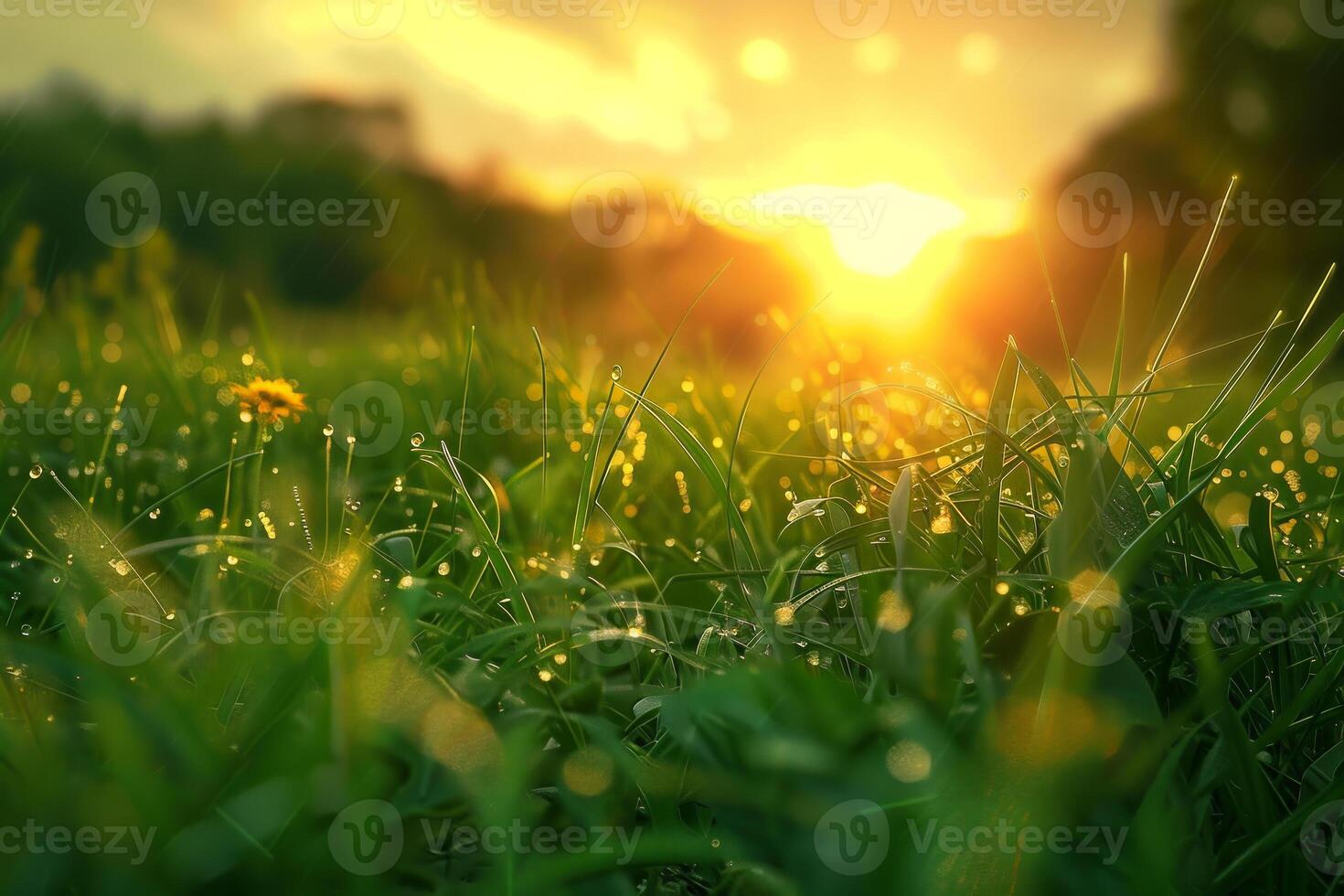 A field of grass with a yellow flower in the foreground photo