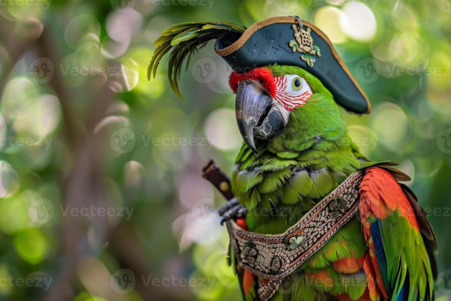 A green and red parrot wearing a pirate's hat and holding a knife photo