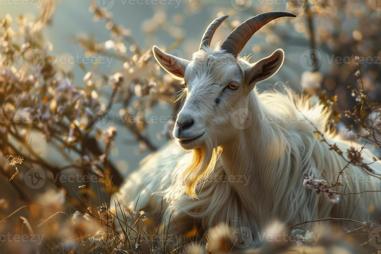 A goat is laying in a field of flowers photo