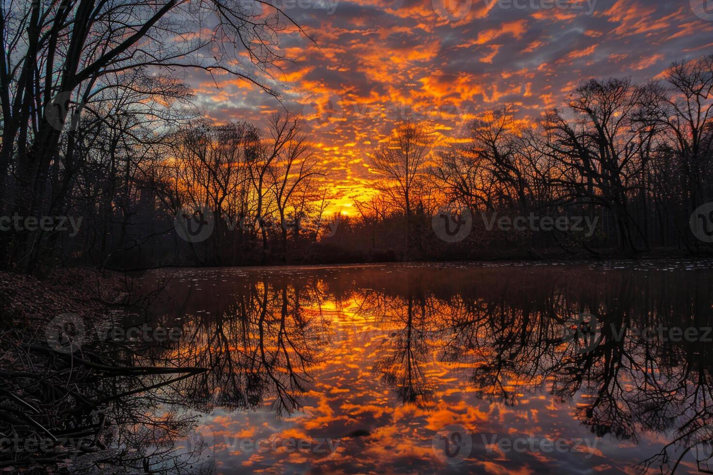 A sunset over a lake with trees and clouds photo