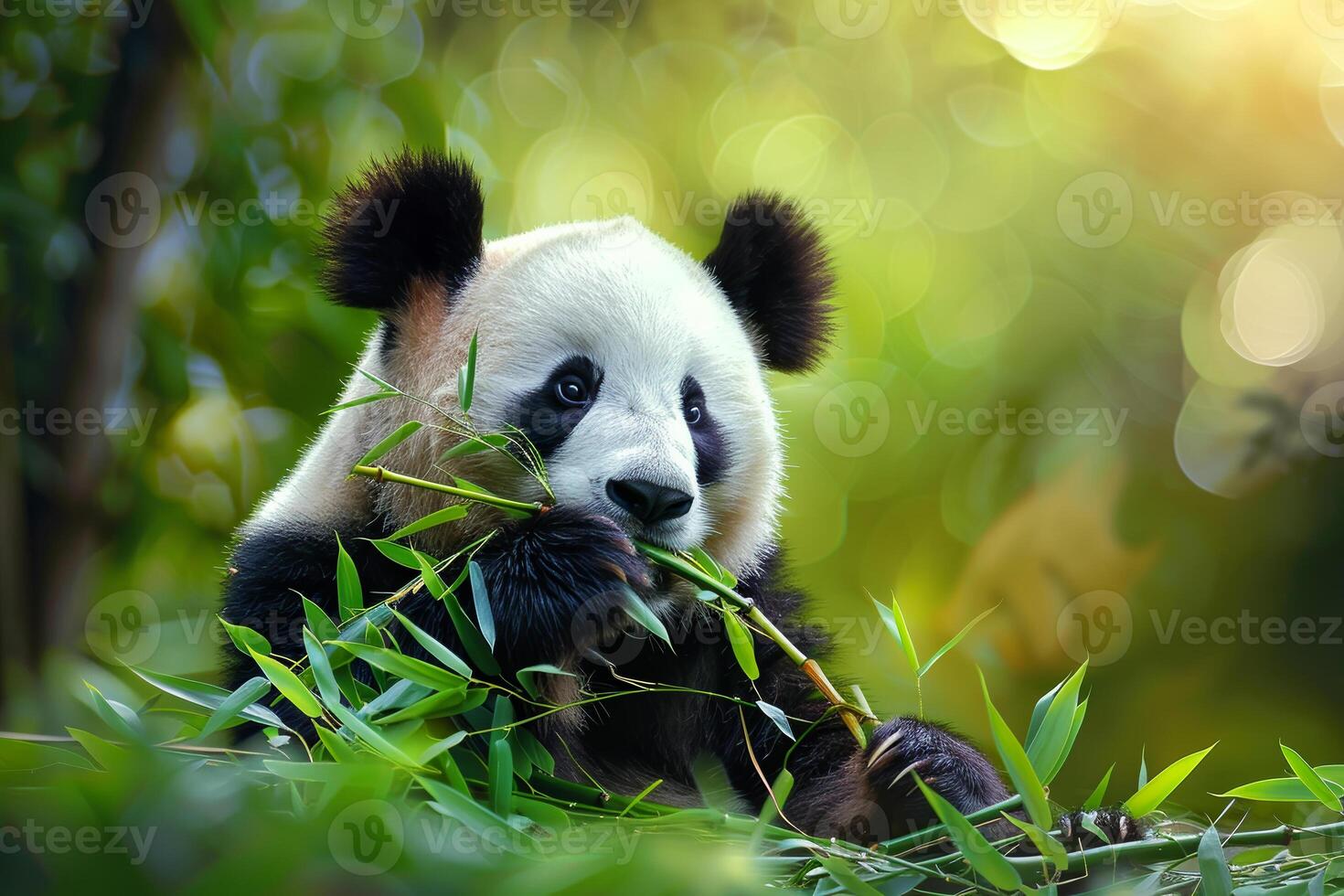 A panda bear is eating bamboo in a lush green forest photo