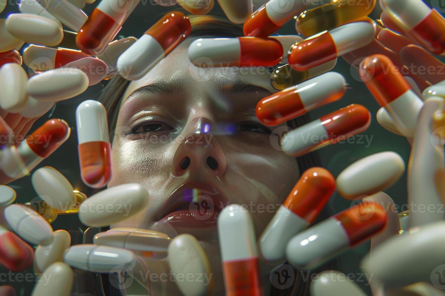 A woman is surrounded by many pills, some of which are red and white photo