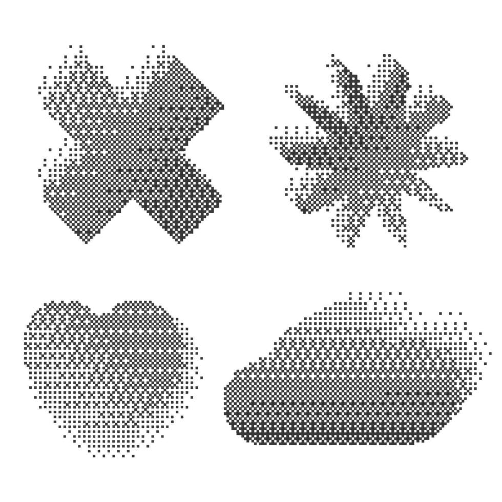 Pixel pattern shapes. Textured heart star and cross with bitmap Y2k dither gradient. Retro signs with old computer game graphic effect. Halftone grunge illustration vector