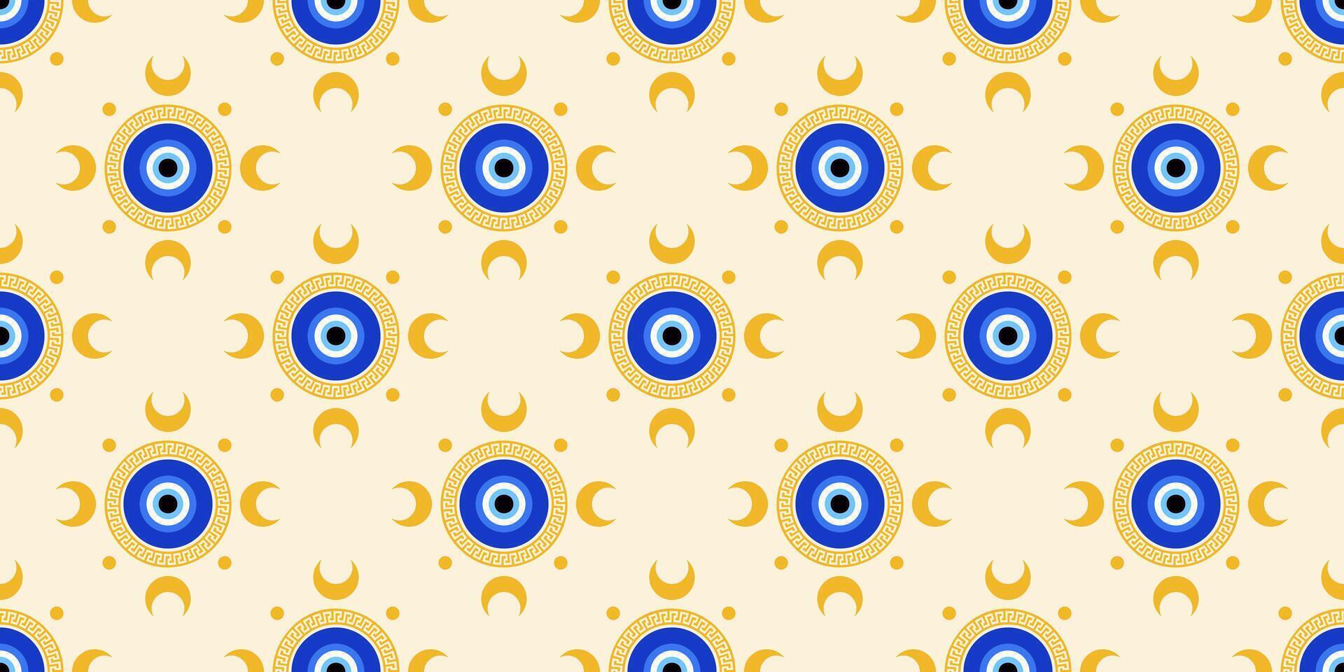 Evil eye Greek pattern. Seamless Turkish background with many blue beads. Magic nazar - abstract symbol of protection and luck. Illustration with mystic talisman and astrology ornament. vector