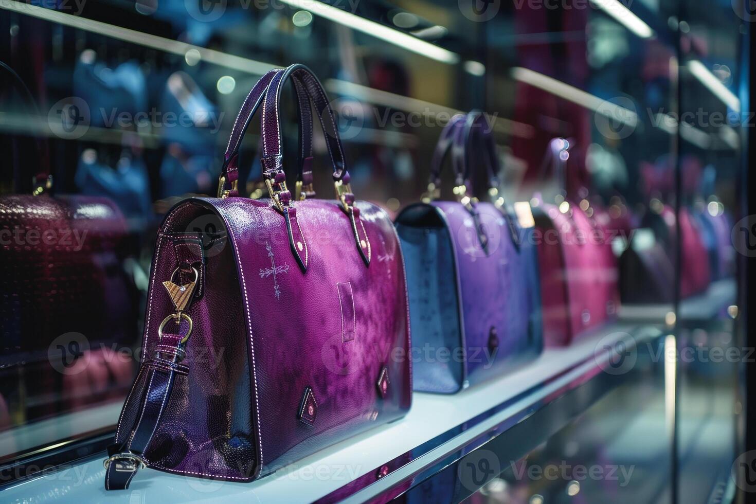 A display of purses with one of them being purple photo