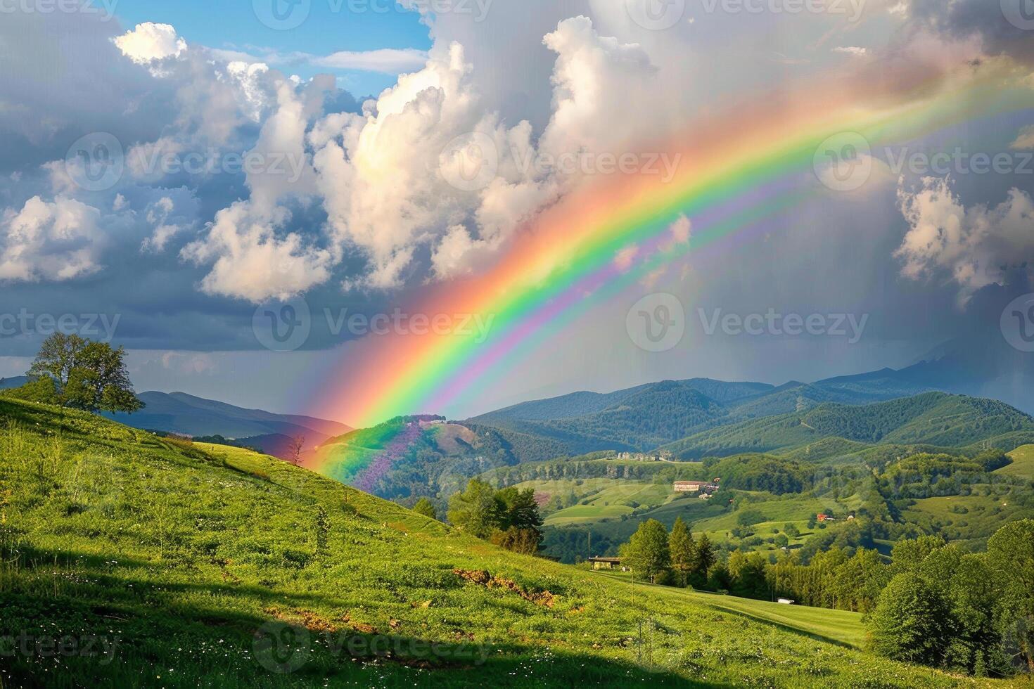 A rainbow is seen in the sky above a green field photo