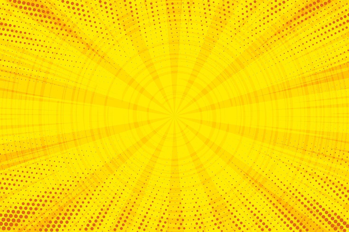 Comic background with yellow pop art cartoon pattern. Ray burst light with retro halftone effect. Orange abstract anime sunburst. Dotted summer explosion backdrop. Graphic vintage radial frame vector