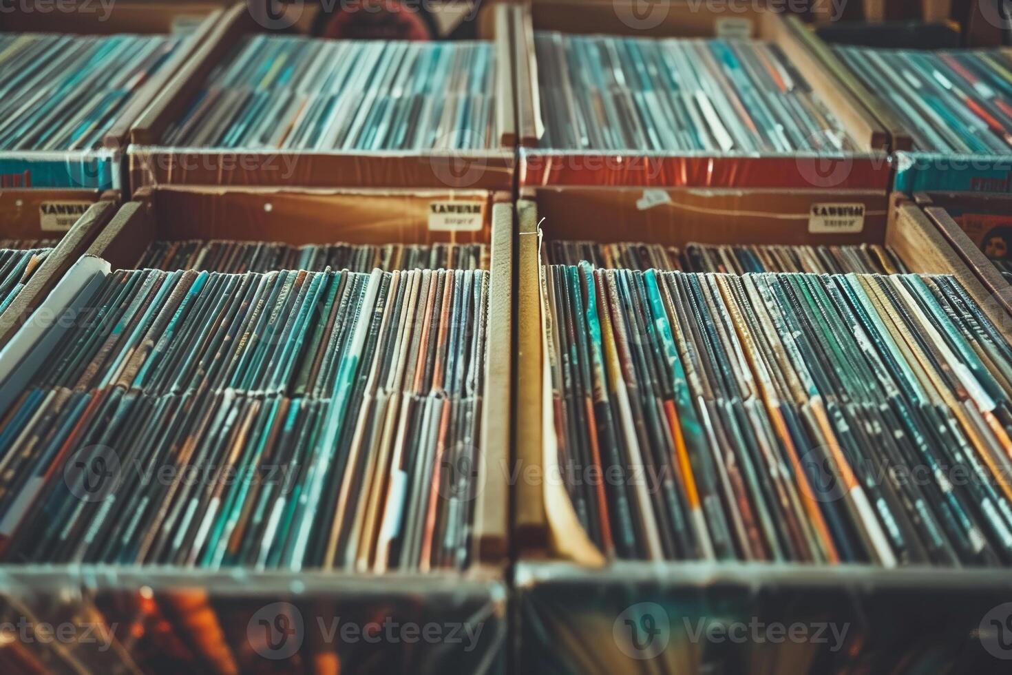 A large number of records are stacked in a box photo