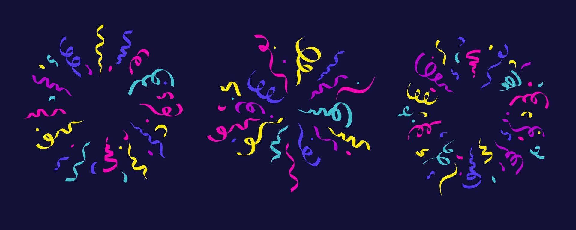 Confetti explosion. Radial elements for birthday party carnival celebration. Falling colored serpentine and burst of firework for surprise and gift decoration. vector