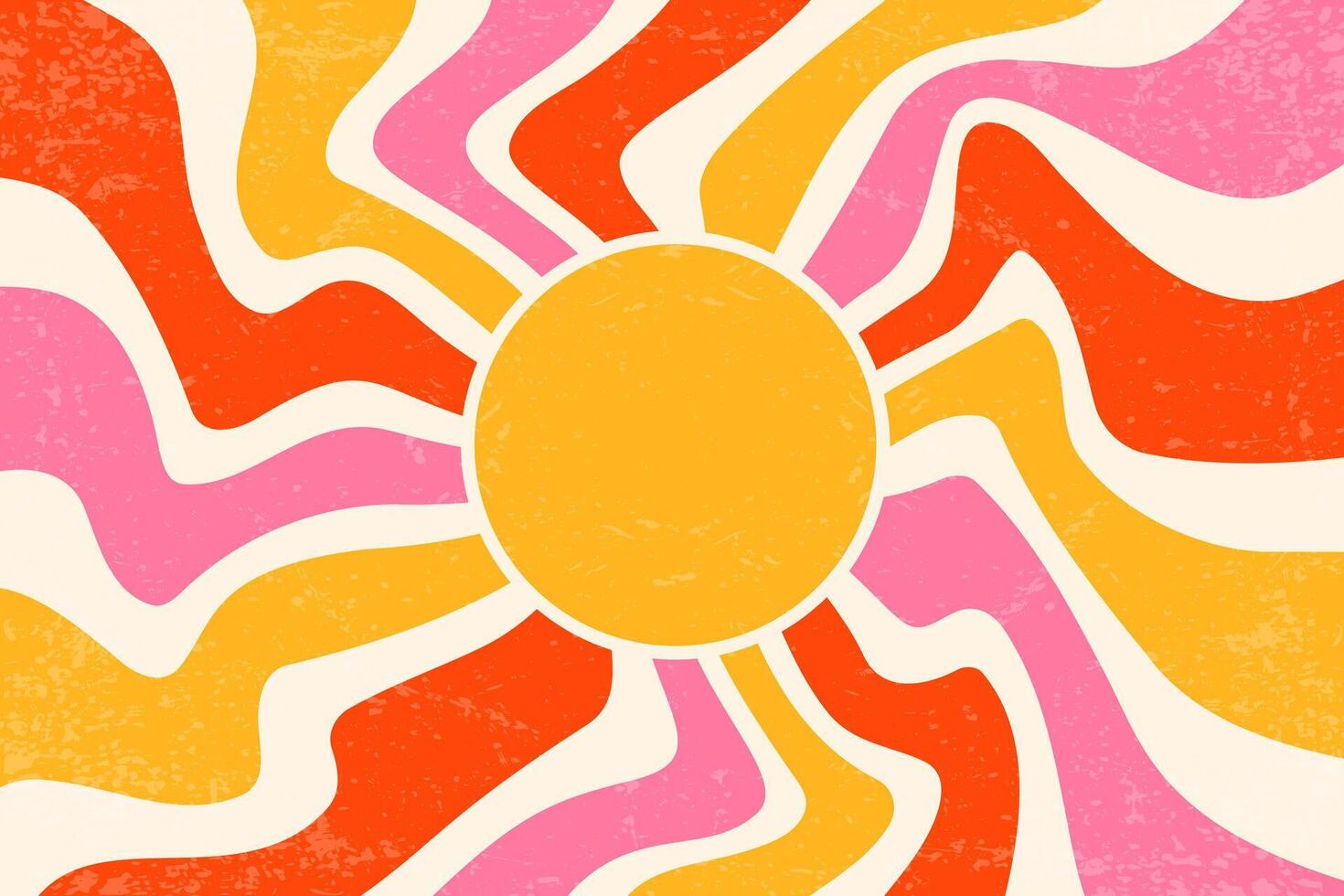 Sunrays retro background. Vintage summer 70s poster. Abstract swirl groovy design with grunge texture. Old paper banner with psychedelic orange and pink spiral beams on pastel backdrop. vector
