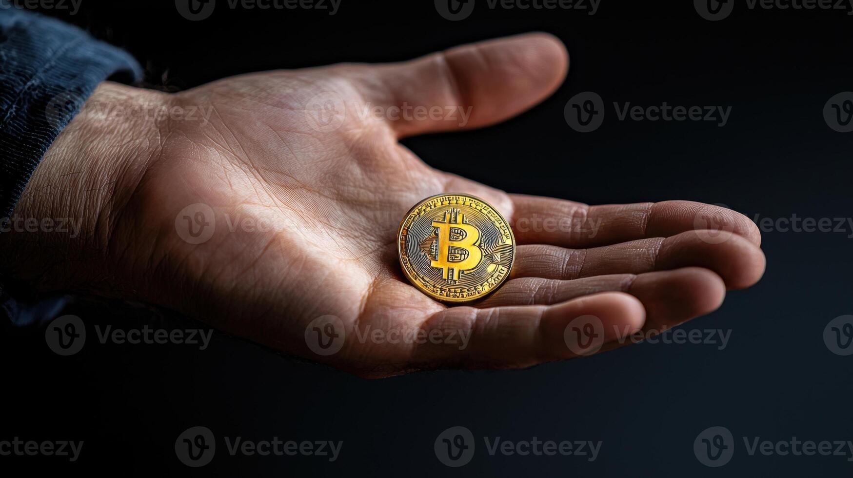 A man holding a bitcoin in his hand photo