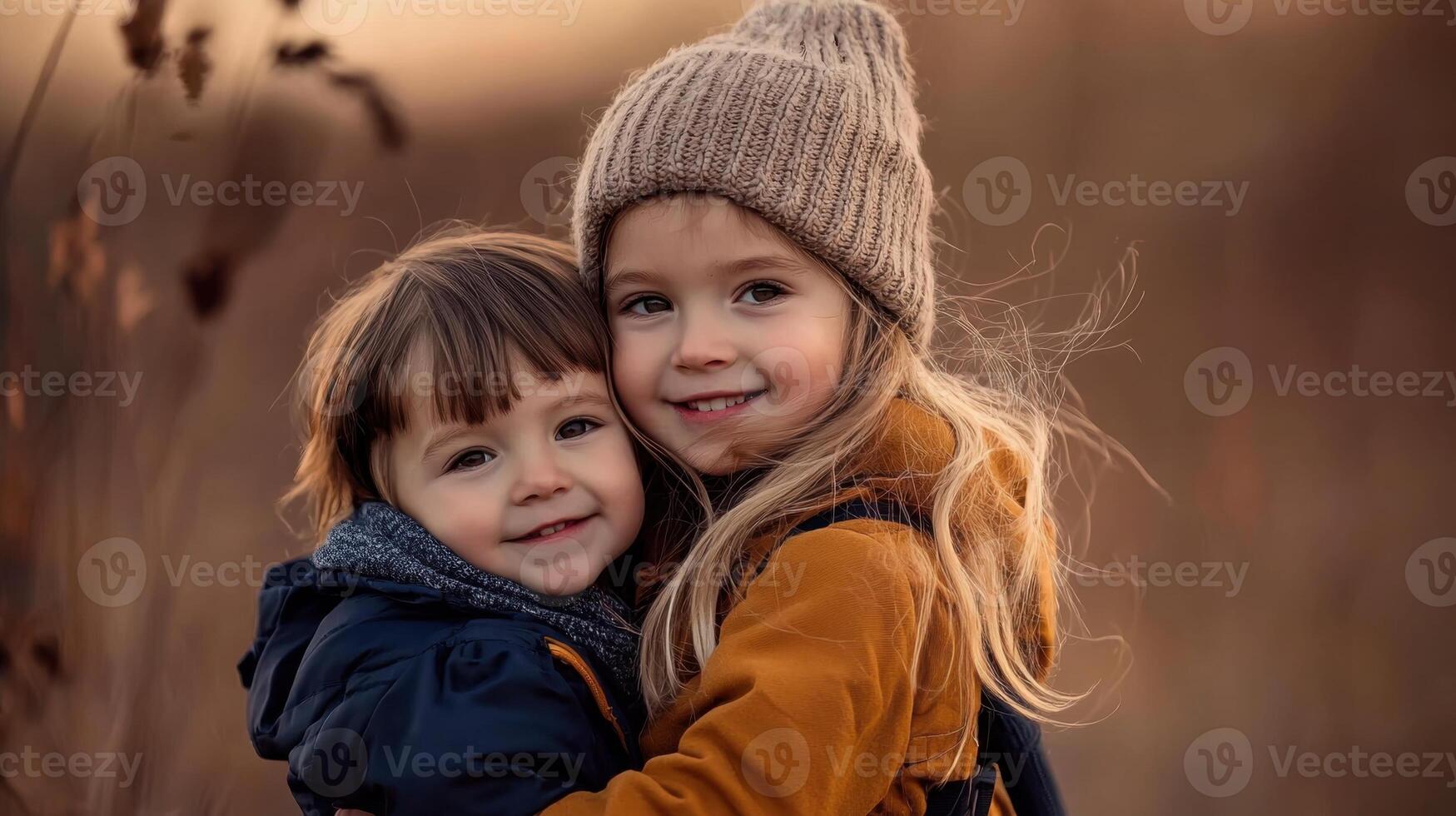 Two young children are hugging each other in a field photo