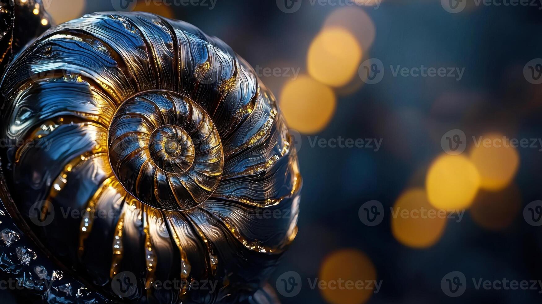 A shiny, gold spiral shell with a blue background photo