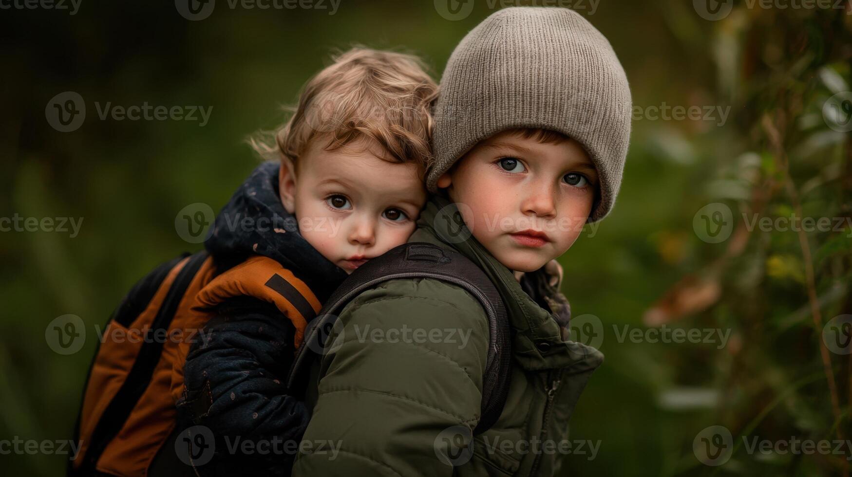 Two young boys are hugging each other, one wearing a hat photo