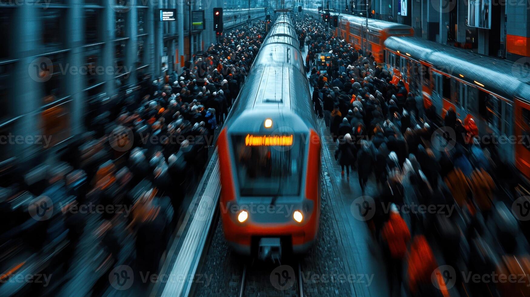 A train is moving through a crowded city photo