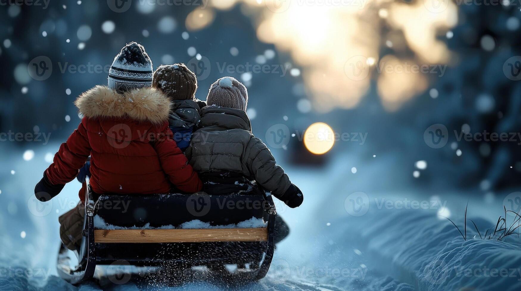 Three children riding on a sled in the snow photo
