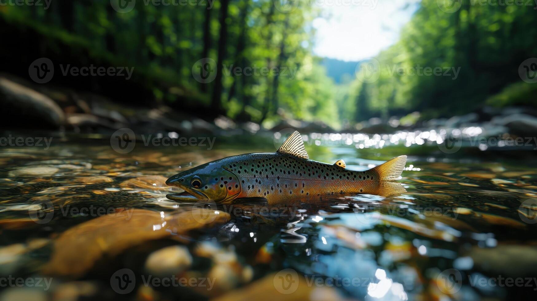A brown trout is swimming in a stream photo