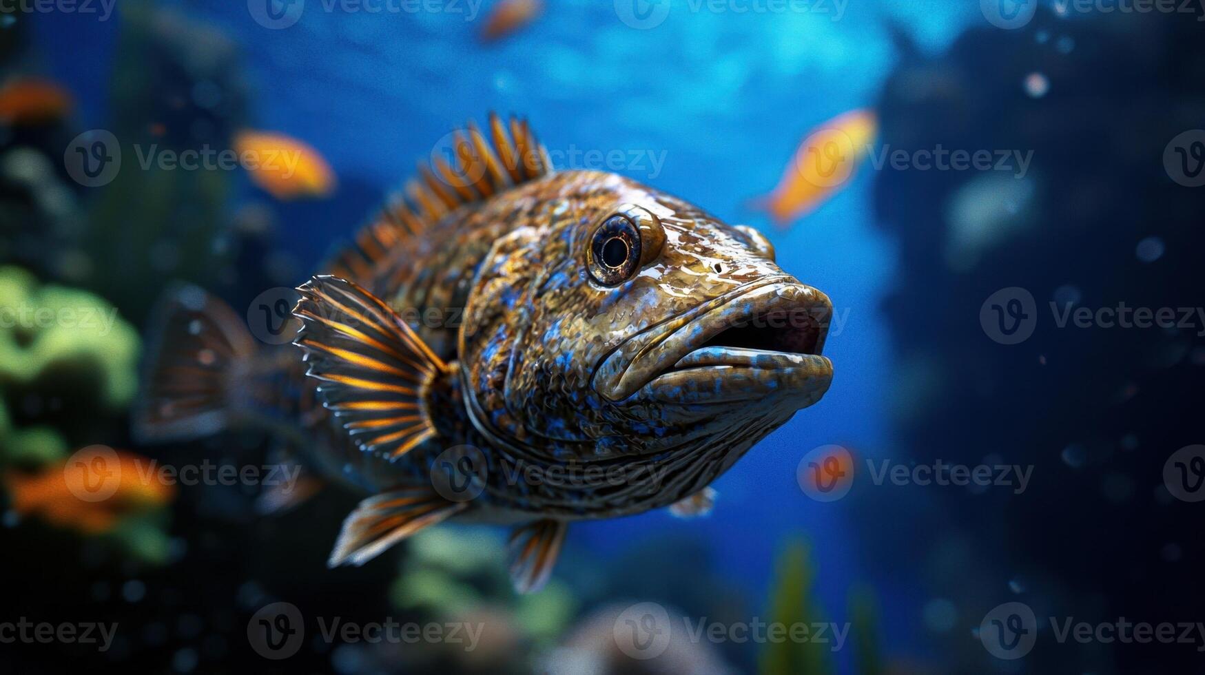 A fish swimming in the ocean with lots of fish photo