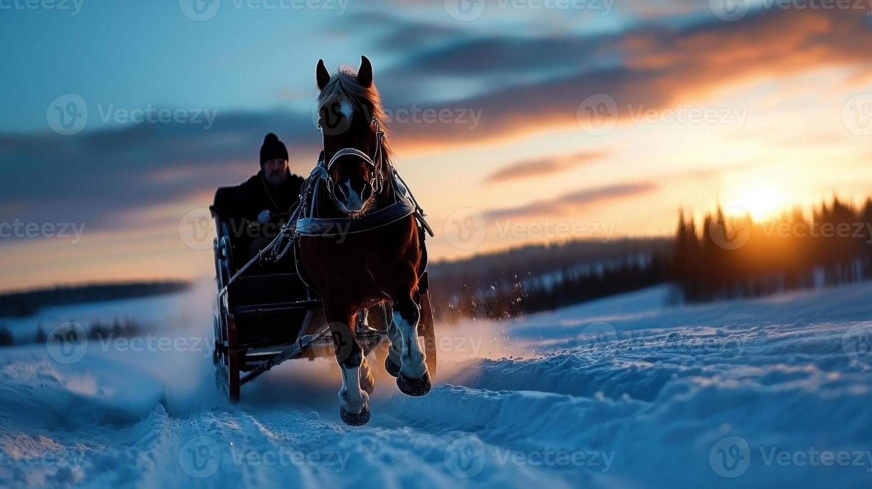 A horse drawn carriage is driving through the snow at sunset photo