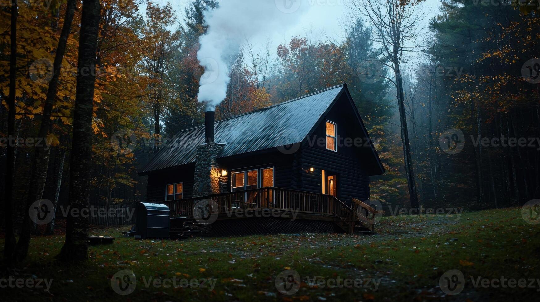 A black cabin in the woods with smoke coming out of the chimney photo