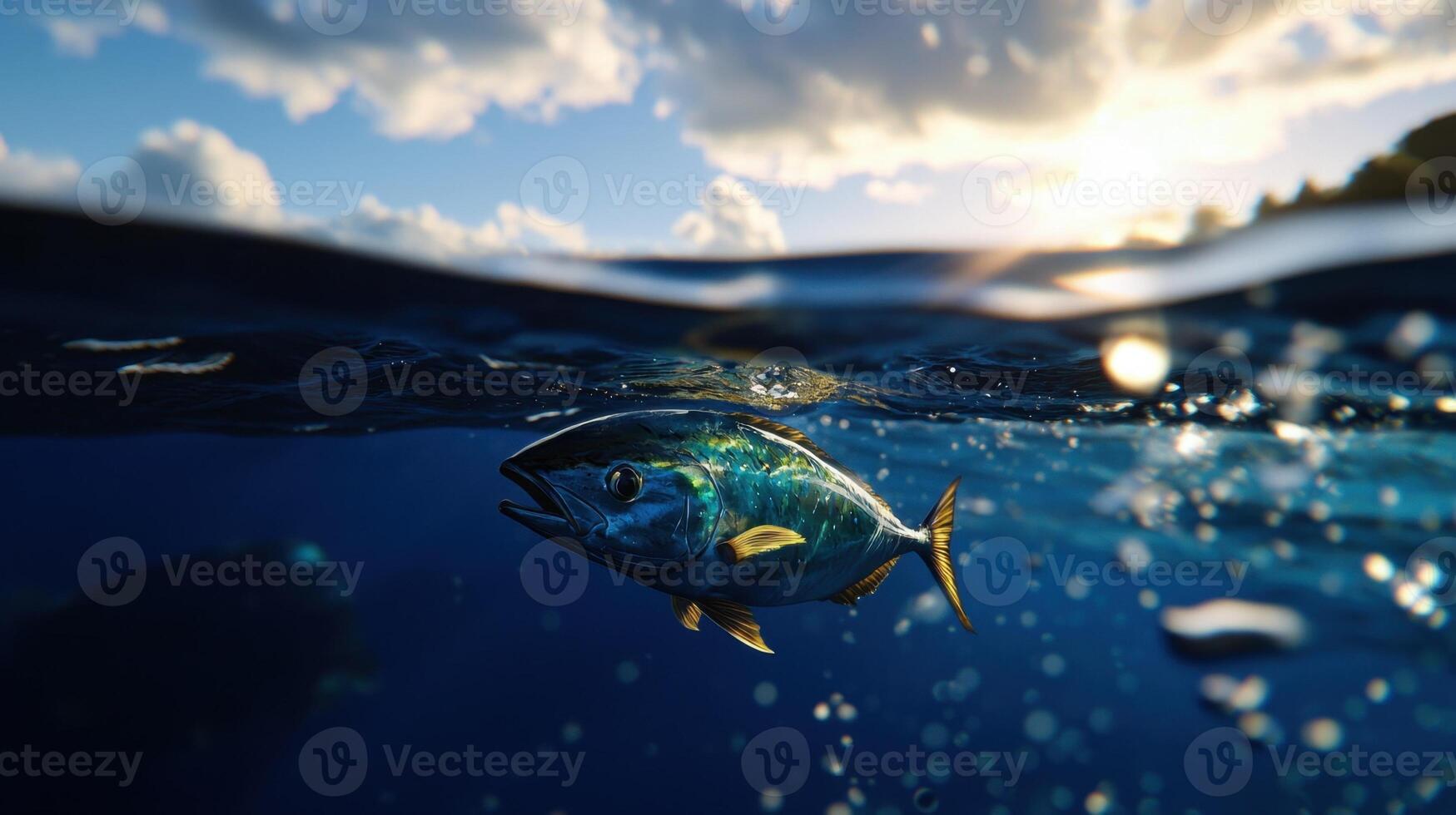 A fish swimming in the ocean with a sun in the background photo