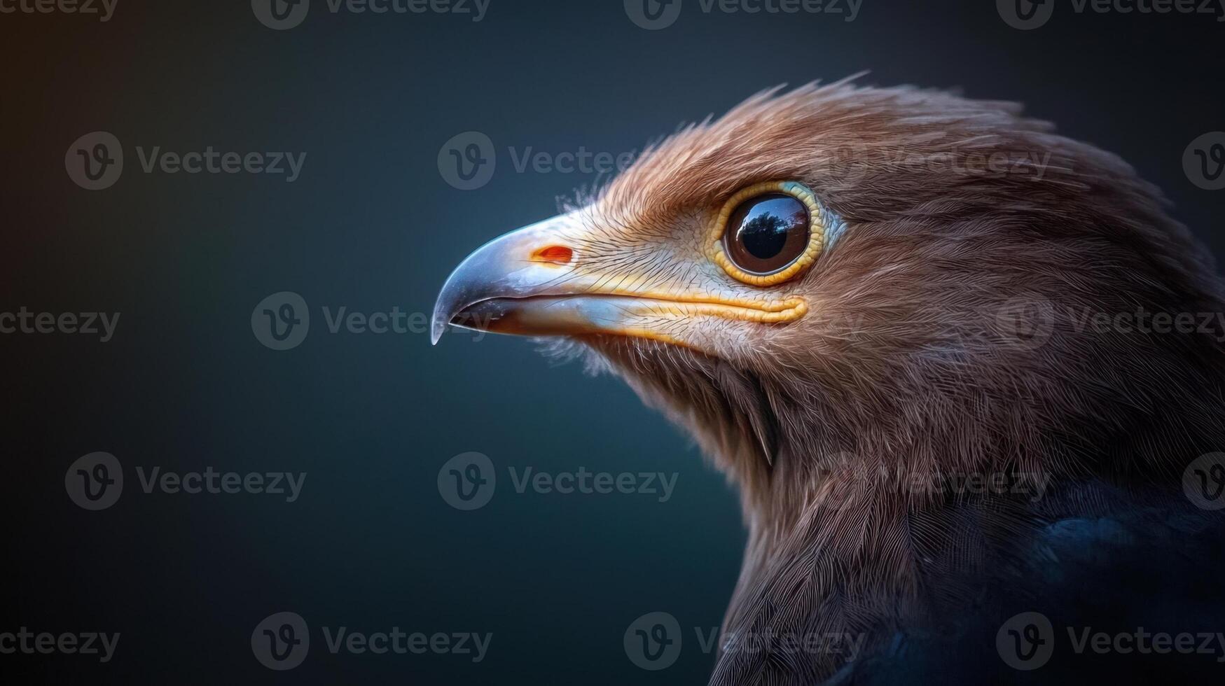 A close up of an eagle's head with a big yellow eye photo