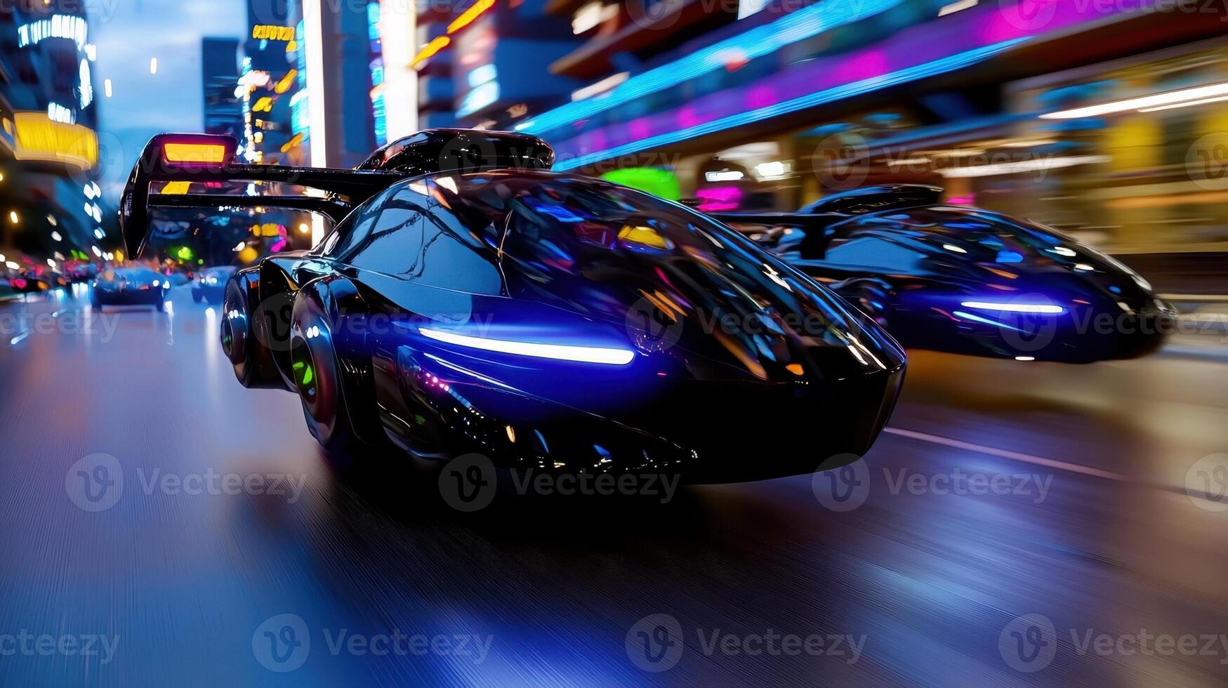 A futuristic car is driving down the street at night photo