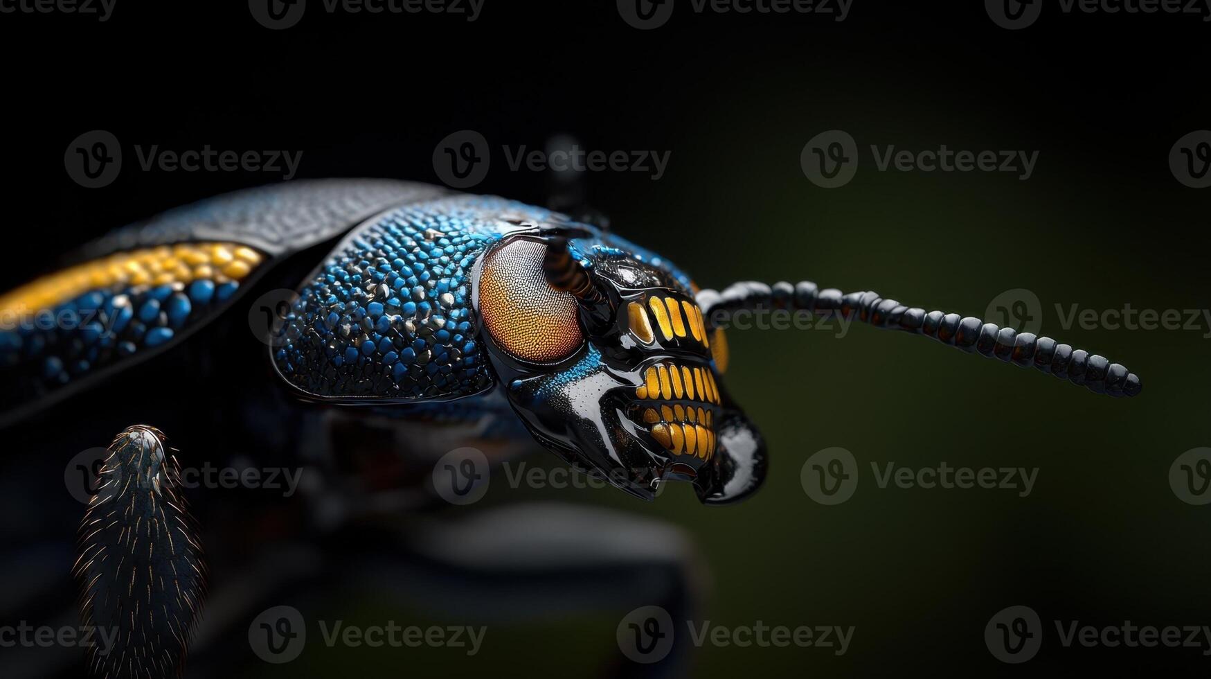 A close up of a beetle with blue and yellow stripes photo