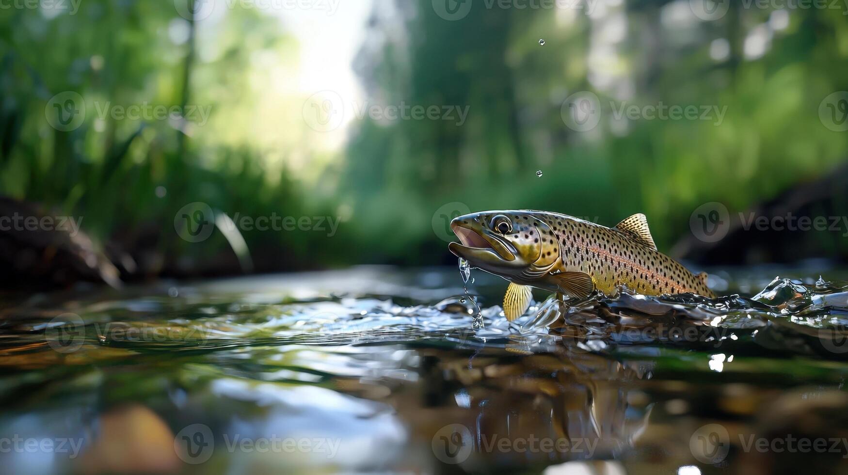 A brown trout is swimming in a stream photo