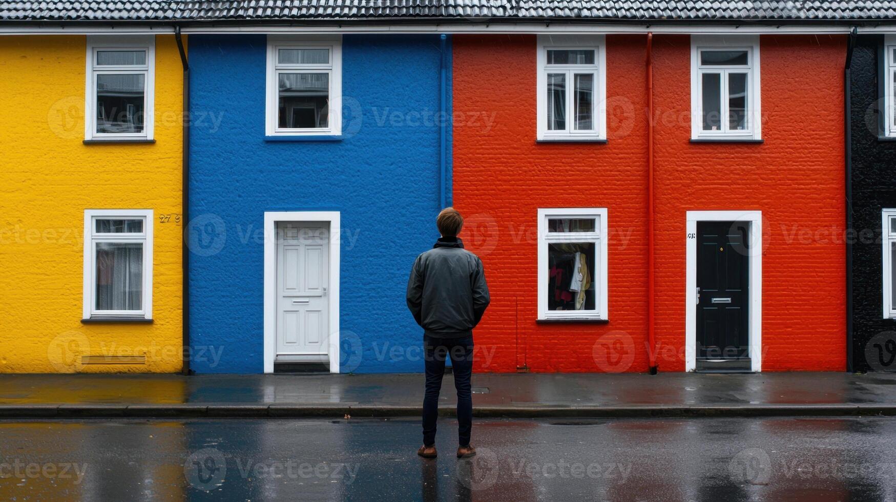 A man standing in front of a row of colorful houses photo