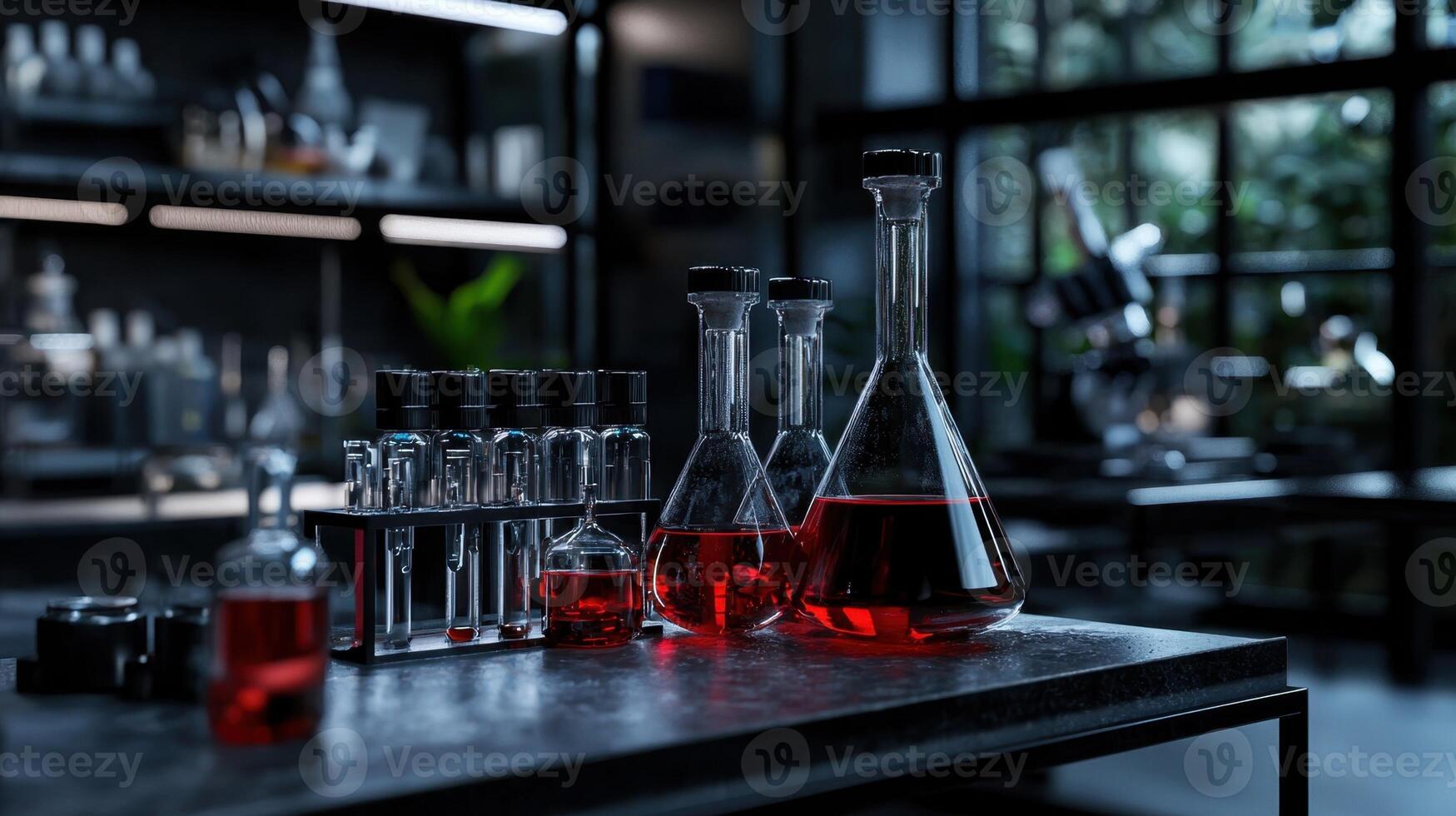 Laboratory flasks and bottles of red liquid on a table photo