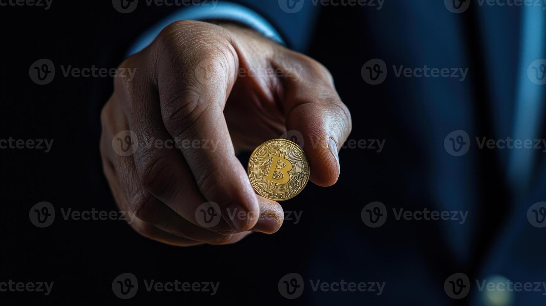 A man in a suit holding a bitcoin photo