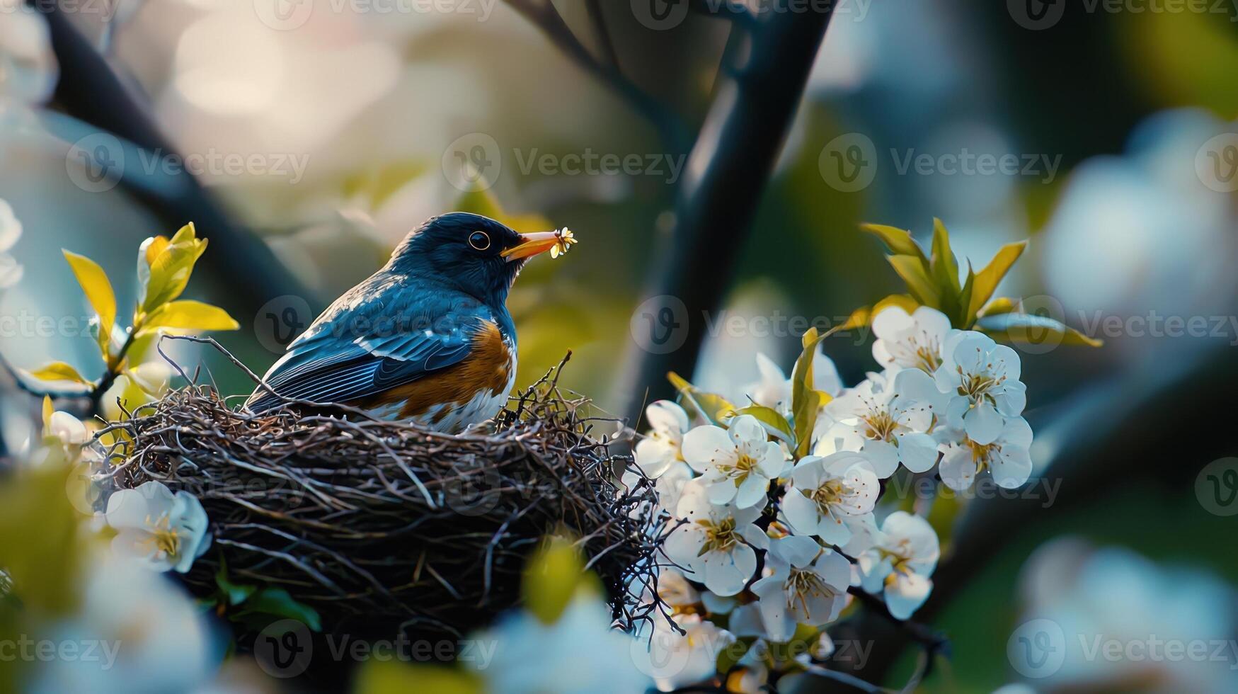 A bird is sitting on top of a nest with flowers photo