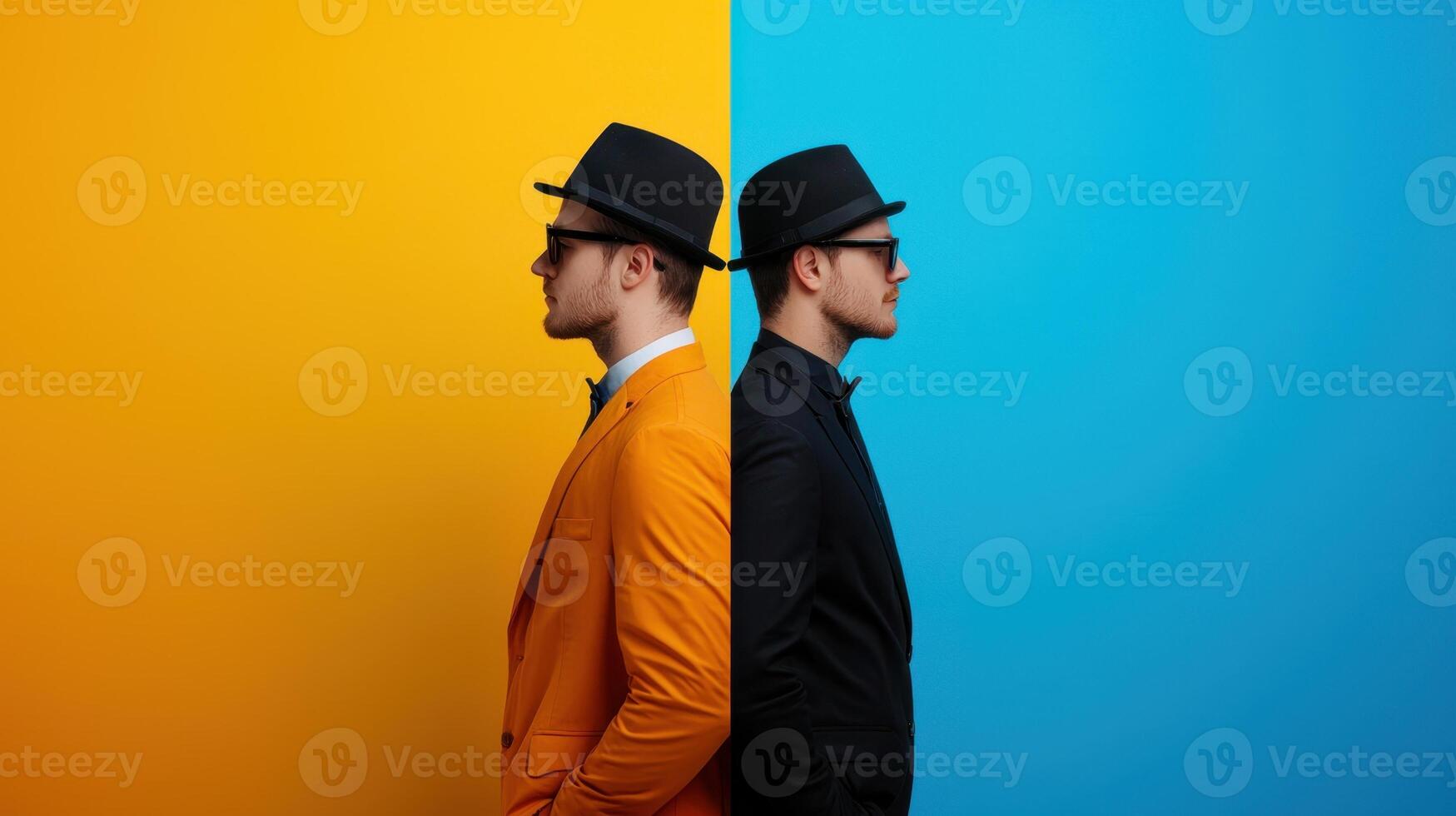 Two men in suits and hats on different colors photo