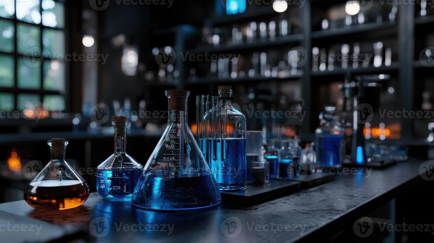 A laboratory with many different colored liquids photo