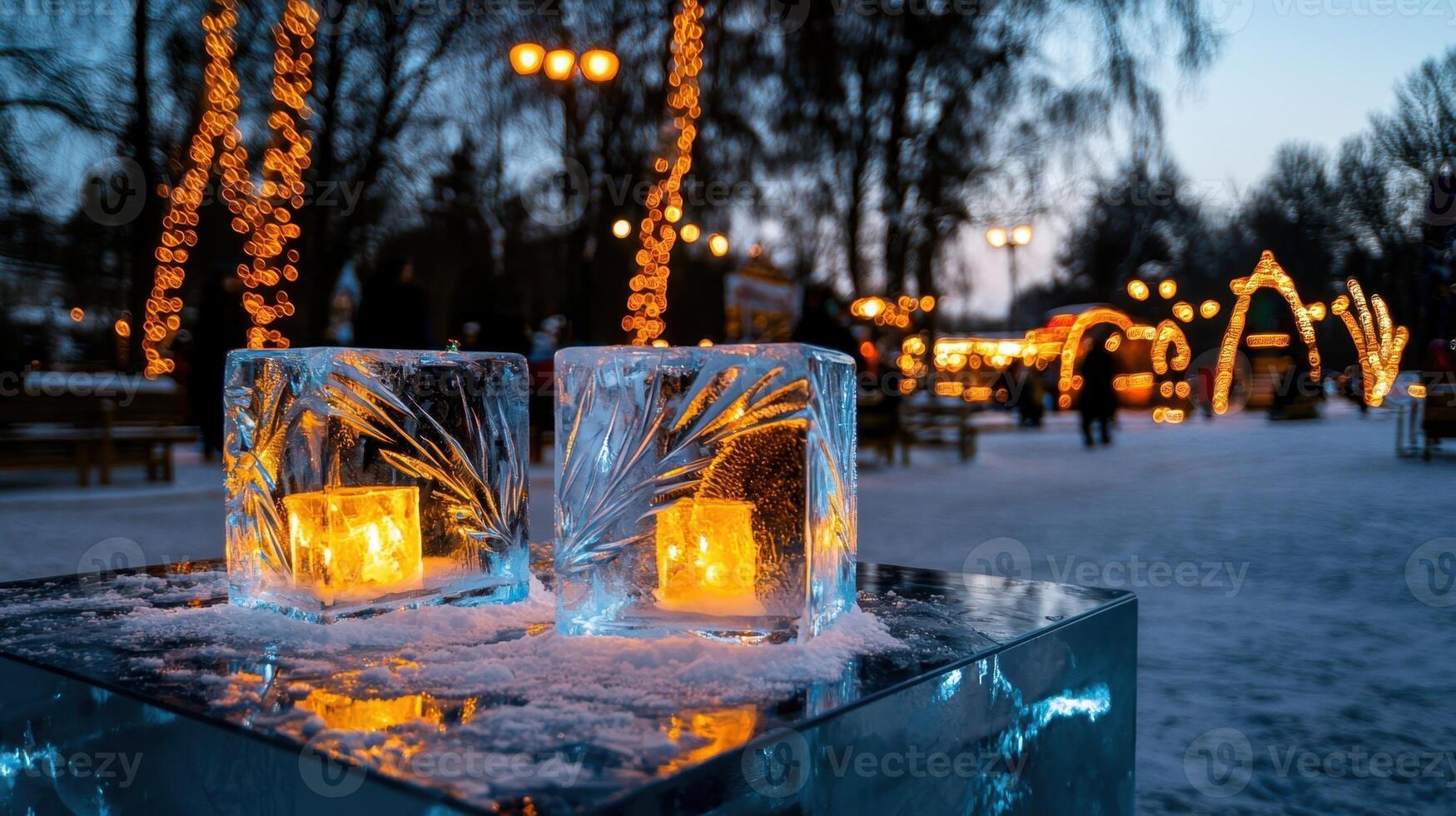 Two ice blocks with candles on them in a park photo