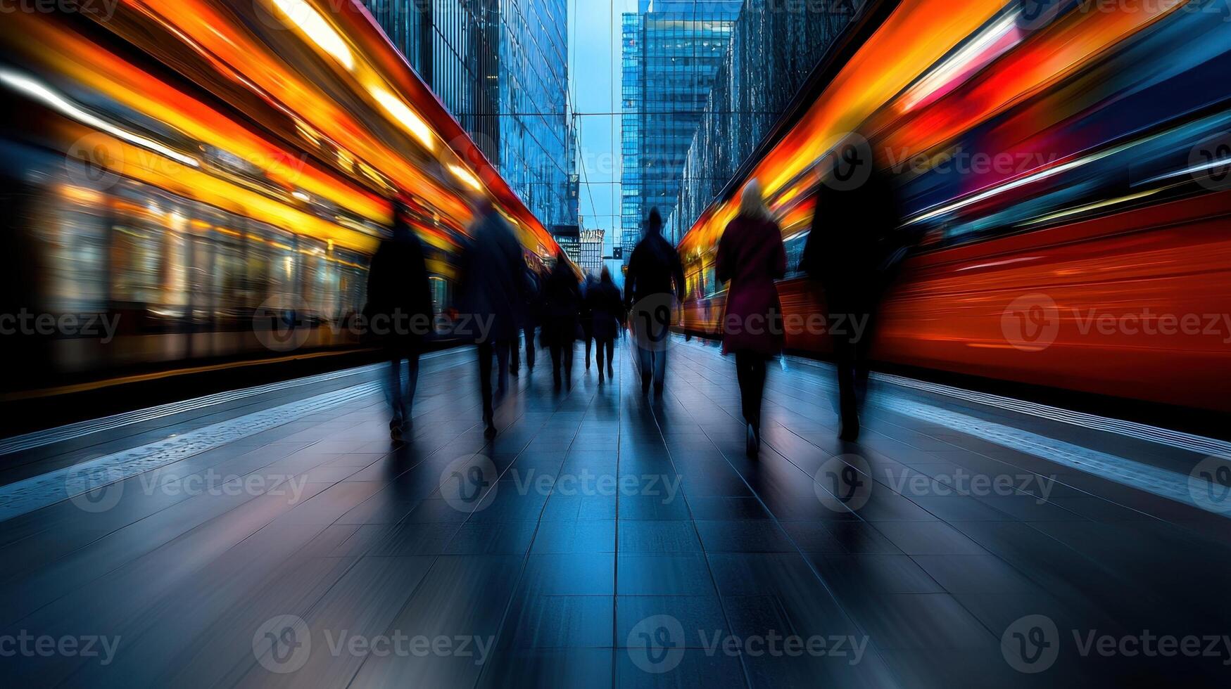 People walking on a city street with a train in the background photo