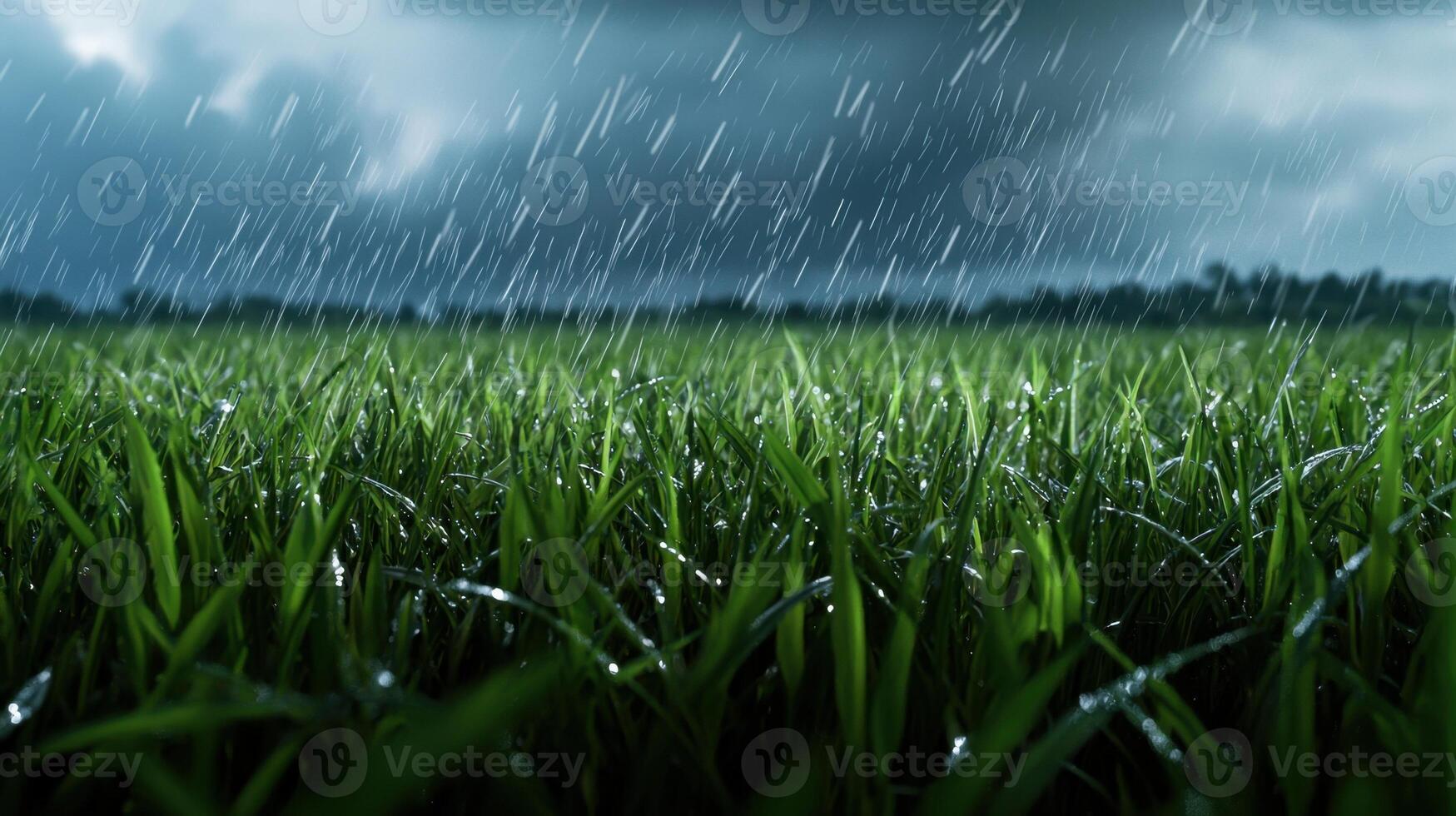 Rainy grass field with green grass and trees photo