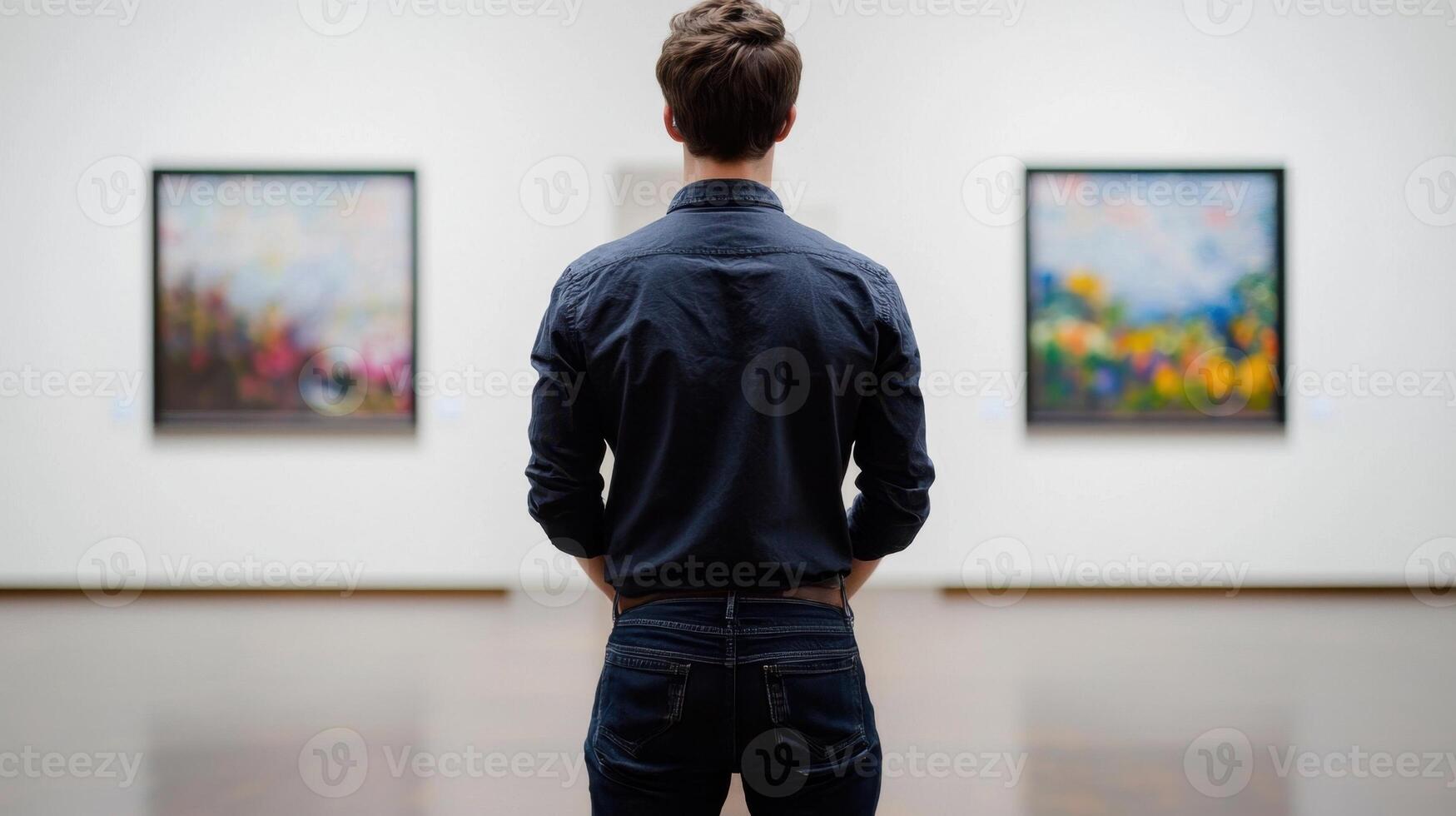 A man looking at paintings in an art gallery photo
