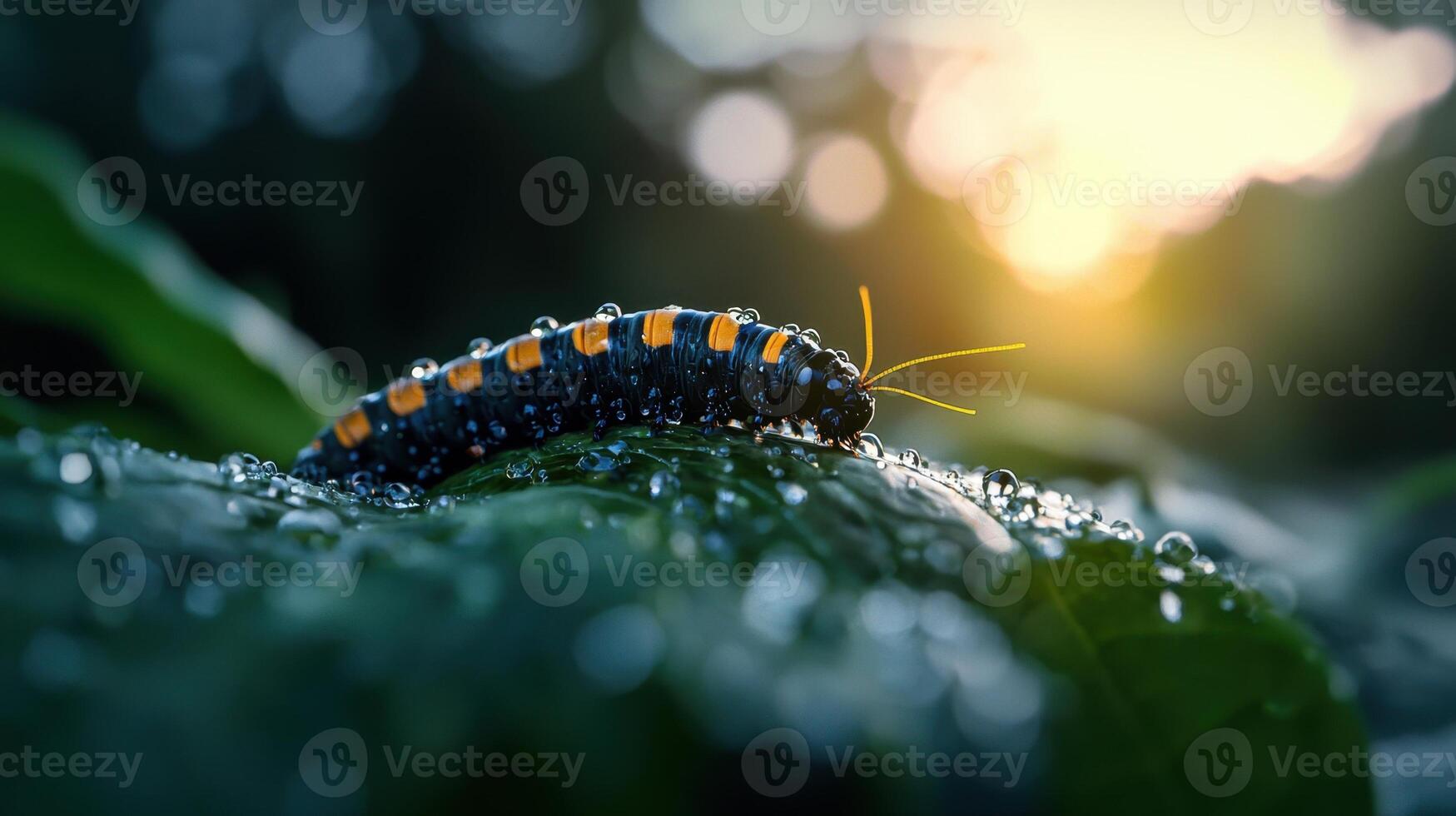 A caterpillar on a leaf with water droplets photo