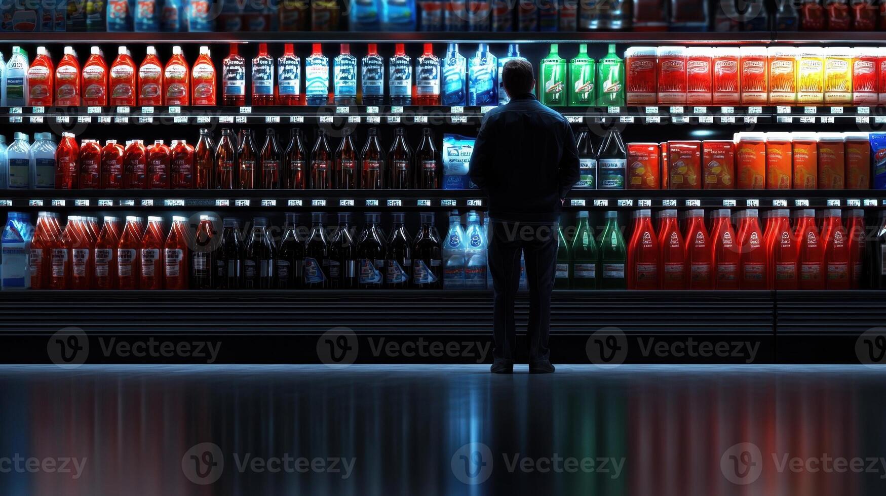 A man stands in front of a soda machine photo