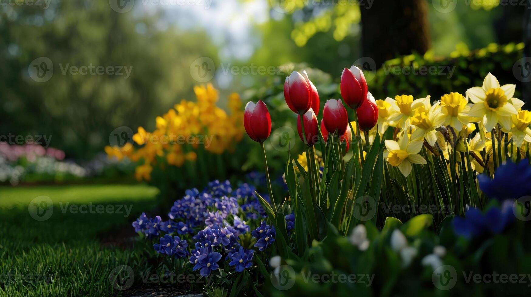 A field of colorful flowers is shown in the background photo