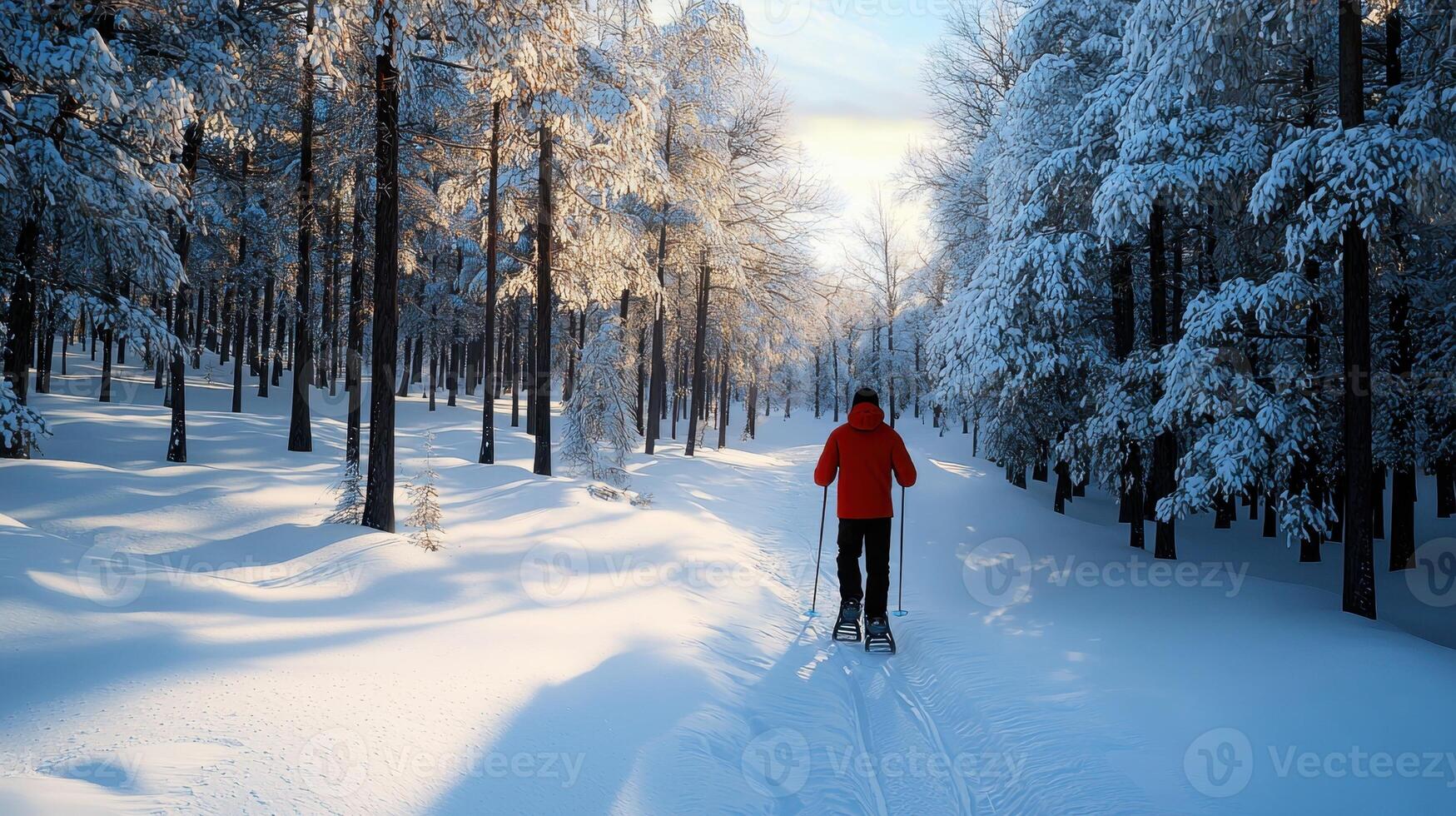 A person is skiing through the woods photo