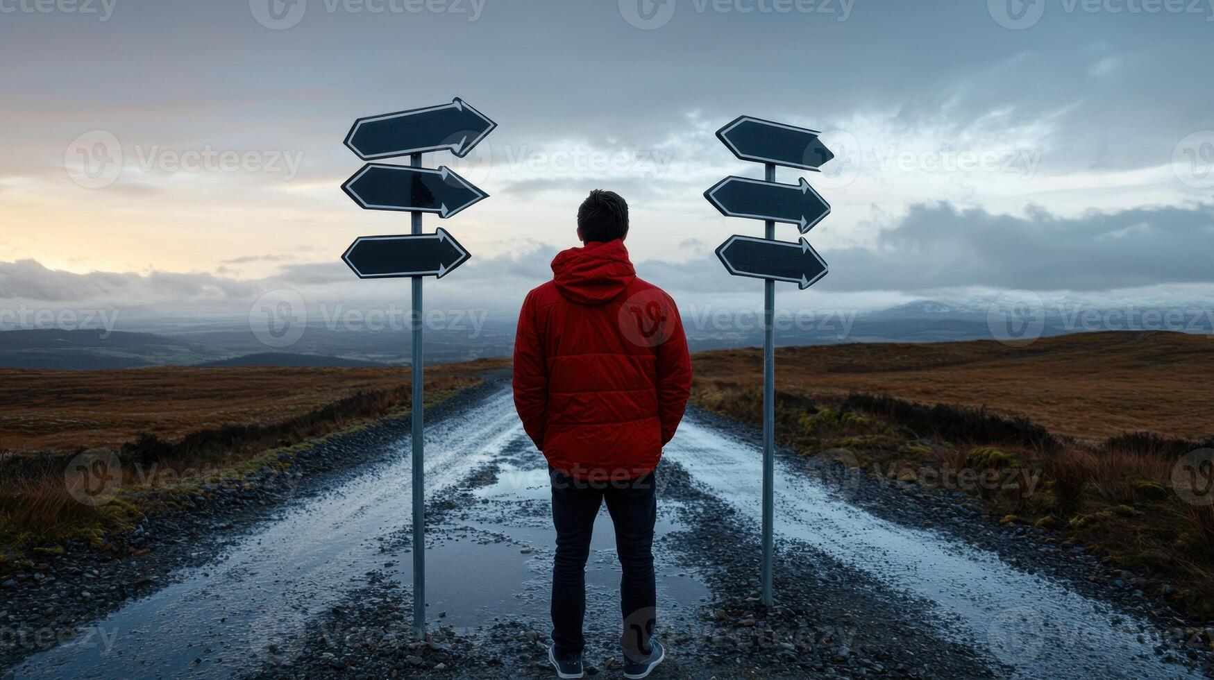 A man standing on a road with a red jacket and a sign pointing in different directions photo