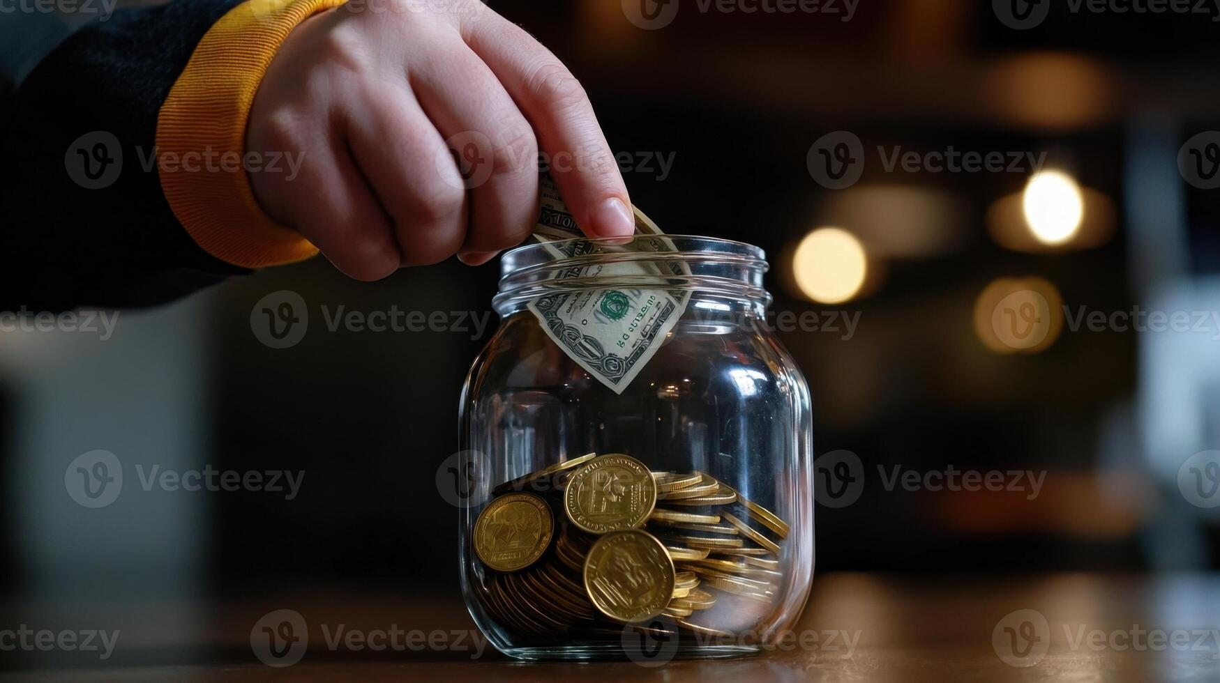 A person putting money into a jar with coins photo