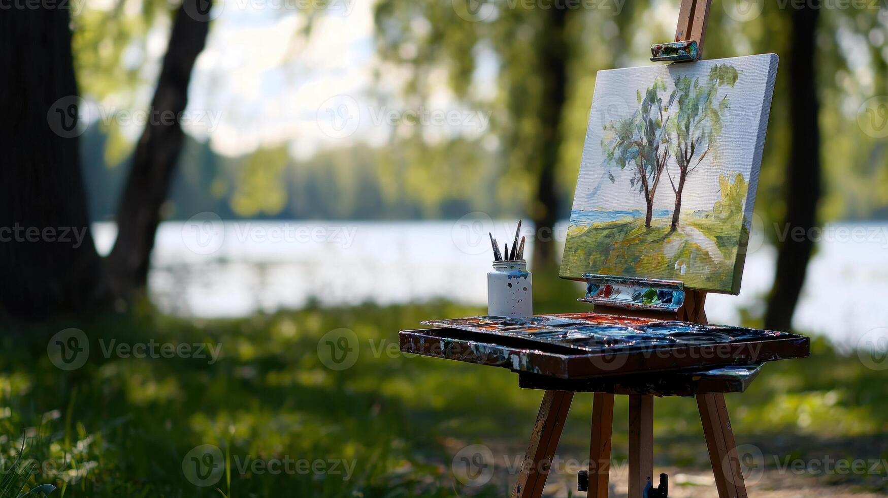 An easel with paints and brushes on it by a lake photo