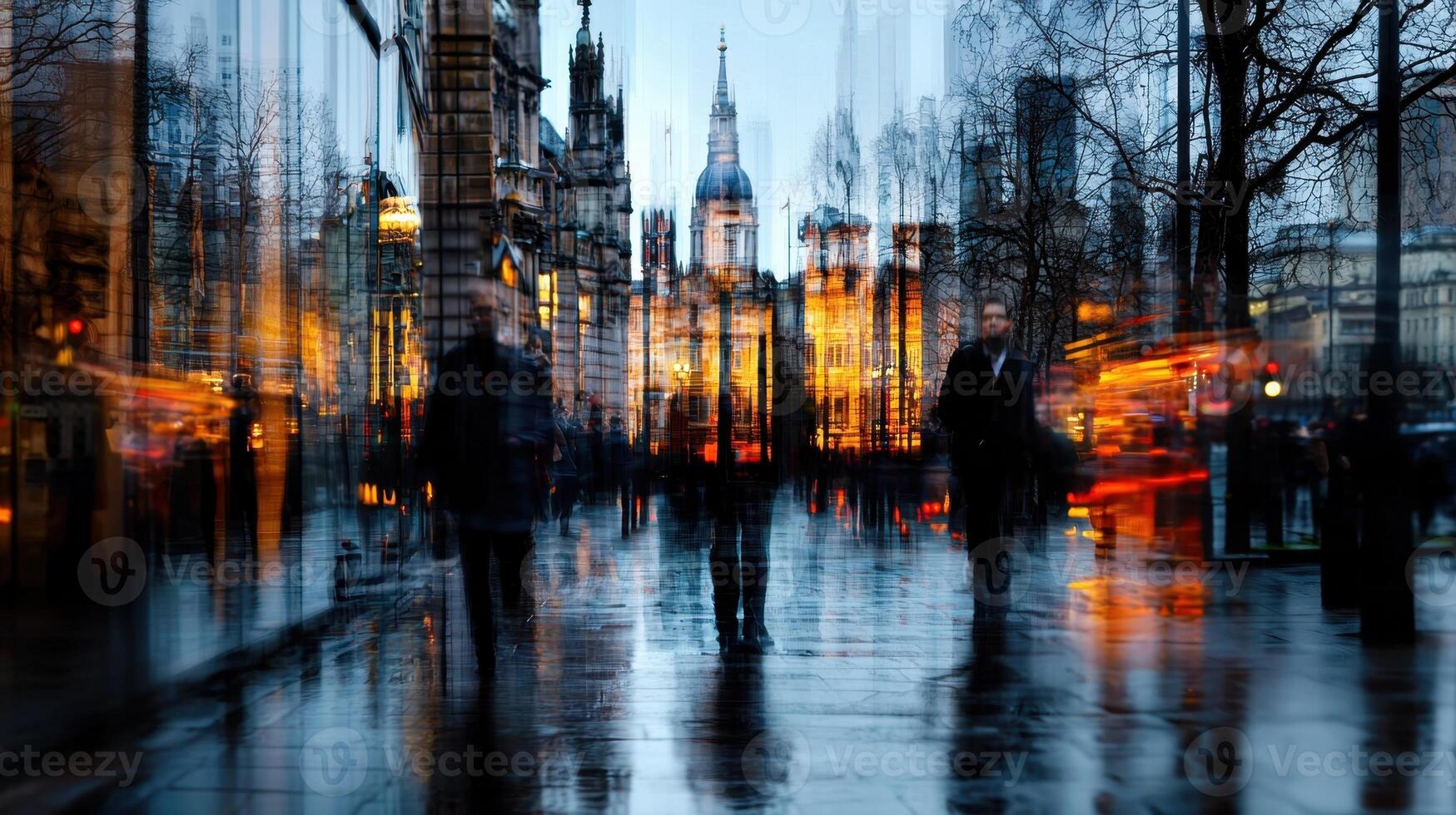 A blurry image of people walking in the rain photo