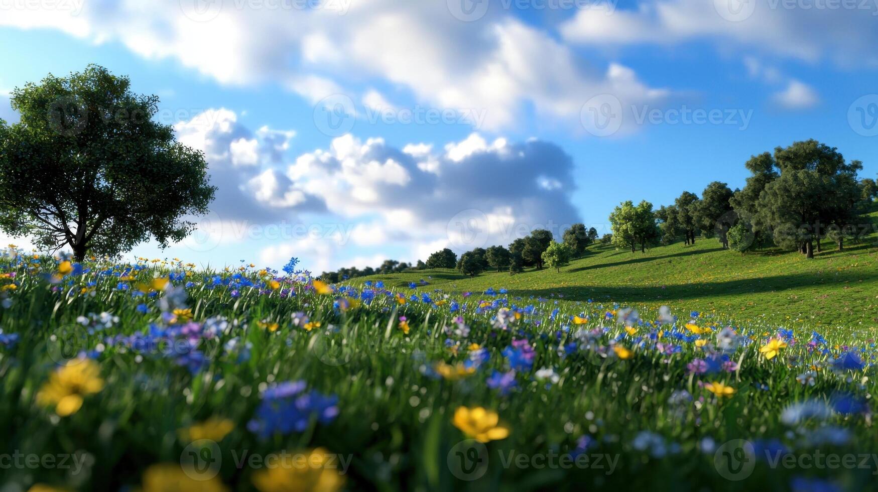 A field of wildflowers with a tree in the middle photo