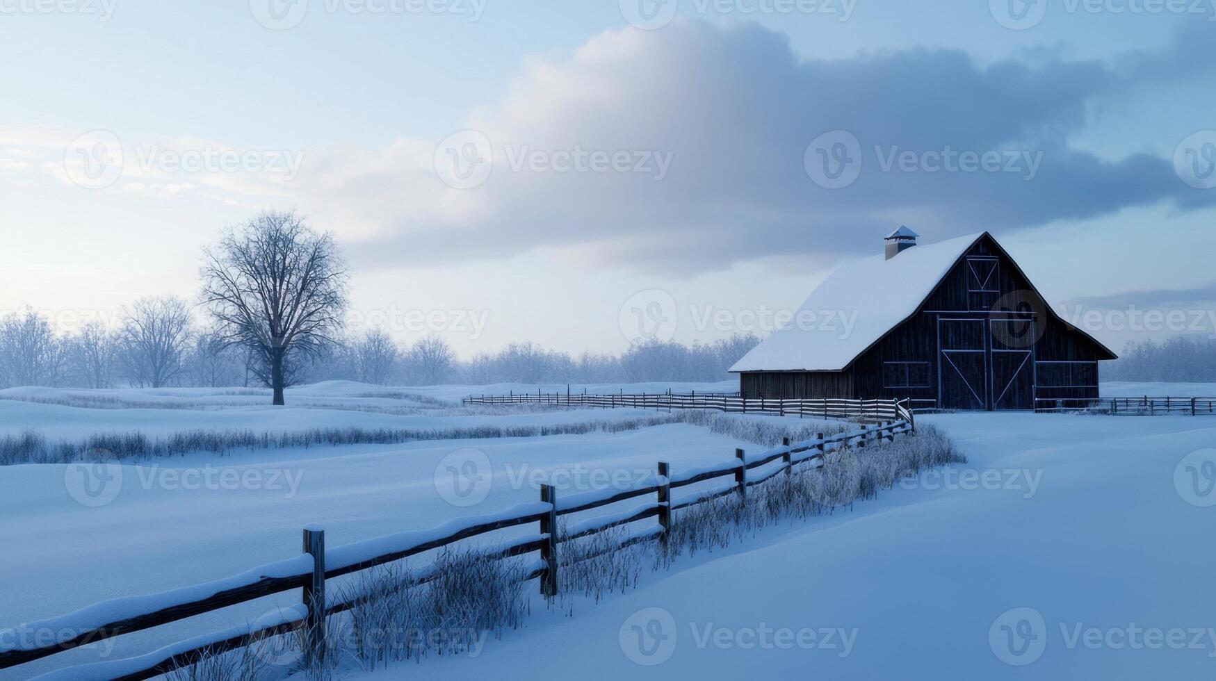 Winter landscape with barn and fence photo